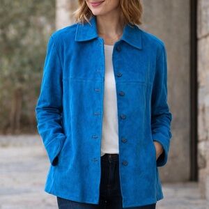 Size XL Petite Coldwater Creek Blue Suede Jacket Button Front Suede Leather Coat